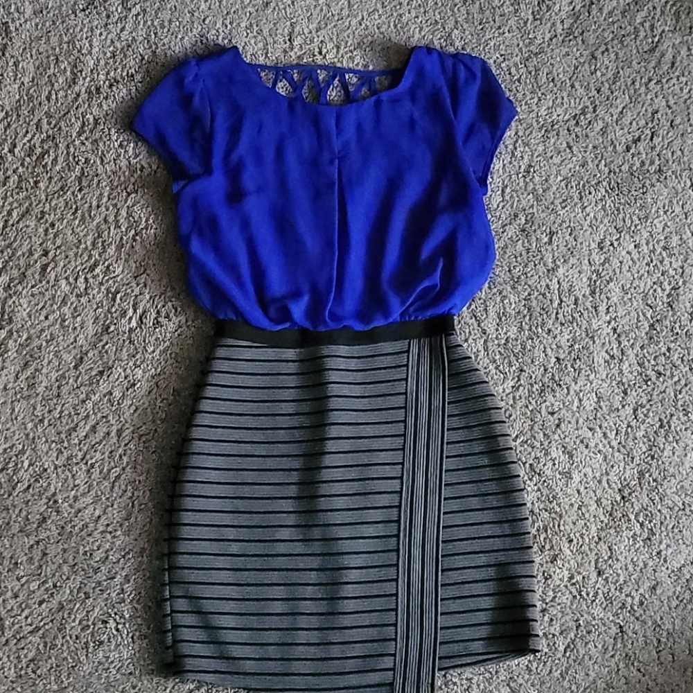 Blue and Grey Short Sleeve Dress